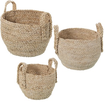 Set De 3 Paniers Avec Poignées En Feuilles De Maïs - Naturelle- Ø34x27+ø30x24+ø26x21cm