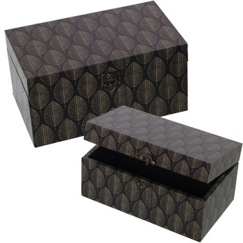 Set 2 Decorated Wooden Boxes Black Leaves - Dm/polyester Canvas- 30x18x15+24x14x12cm