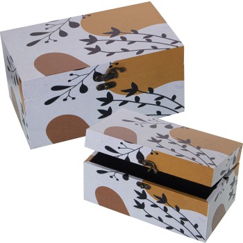 Set 2 Decorated Wooden Boxes - Dm/polyester Canvas- 30x18x15+24x14x12cm