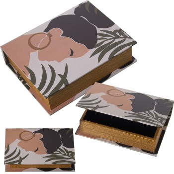 Set 3 Scatole Libri In Legno Dm E Telone In Poliestere Donna- 30x24x8+24x18x6+18x12x4cm