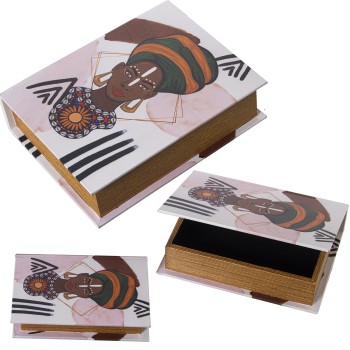 Set 3 Decorated Wooden Book Boxes Africa - Dm/polyester Canvas- 30x24x8+24x18x6+18x12x4cm