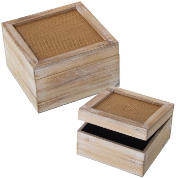 Set 2 Cajas Cuadradas Madera+ratán 20x20x12+16x16x9cm