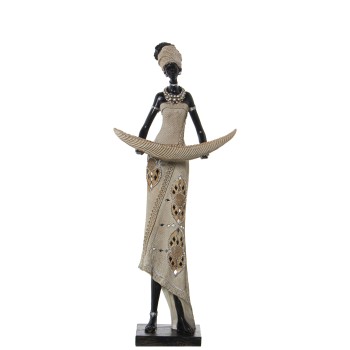 Statuetta In Resina - Donna Africana Con Una Ciotola Barca- 25x15x61cm