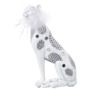 Figura Resina Leopardo Blanco/plata C/pluma Artificial 16x8x25cm