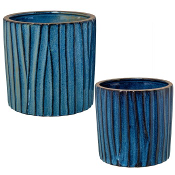 Set 2 Pots De Fleurs En Céramique Bleu Laqué Avec Rayures Ø18x18+ø15x15cm