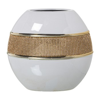 Vaso In Ceramica - Bianco E Oro Con Brillantini Dorati- 24x12x24cm