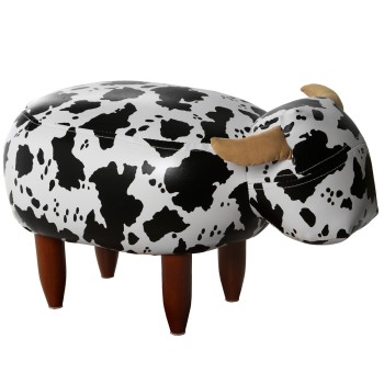 Pine Wood And Leatherette Cow Pouffe Ottoman For Child With Wooden Legs- _50x32x32cm, Montaje Patas