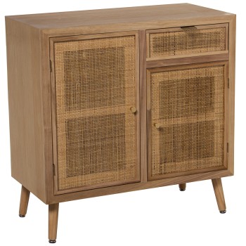 Mobile Da Ingresso In Legno Con 2 Ante E Cassetto In Rattan - Naturale- 80x40x81cm, Alt. Patas:16cm