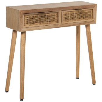 Natural Wooden And Rattan 2 Drawers Console Table- 80x25x78cm, Alt. Patas:60cm