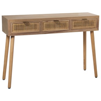 Consolle Da Ingresso In Legno Con 3 Cassetti In Rattan - Naturale- 110x30x78cm, Alt. Patas:60cm