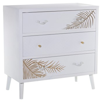 White With Golden Leaves Wooden Chest Of 3 Drawers- 80x40x80cm, Abeto+dm