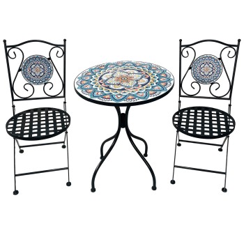 Set 2 Chairs+table Iron/decorated Stone, Table:ø60x71cm Chair:36x42x92cm, Seat Height:46,5cm, Seat Surface:ø38cm