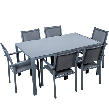 Set Mesa De Jantar Alumínio/vidro+6 Cadeiras Alumínio/textilene Preto, Mesa:150x90x74cm Cadeira:56x62x88cm