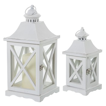 Set 2 Faroles Madera/metal/cristal Blanco 20x20x44+13x13x31cm