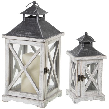 Set 2 Faroles Madera/metal/cristal Gris 20x20x44+13x13x31cm