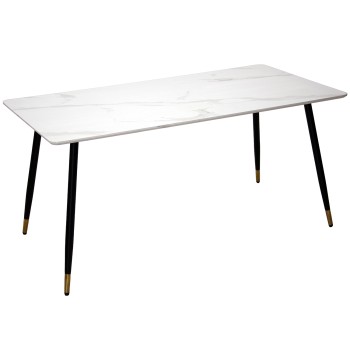 Rectangular Wooden Table With Marble-effect Top, Black Metal Legs _160x80x76cm